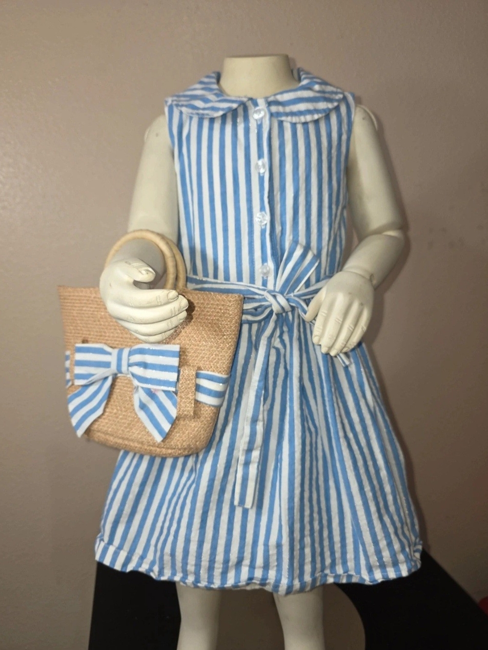 Habitual Blue & White Striped Tie-Waist Dress with Bow Tote